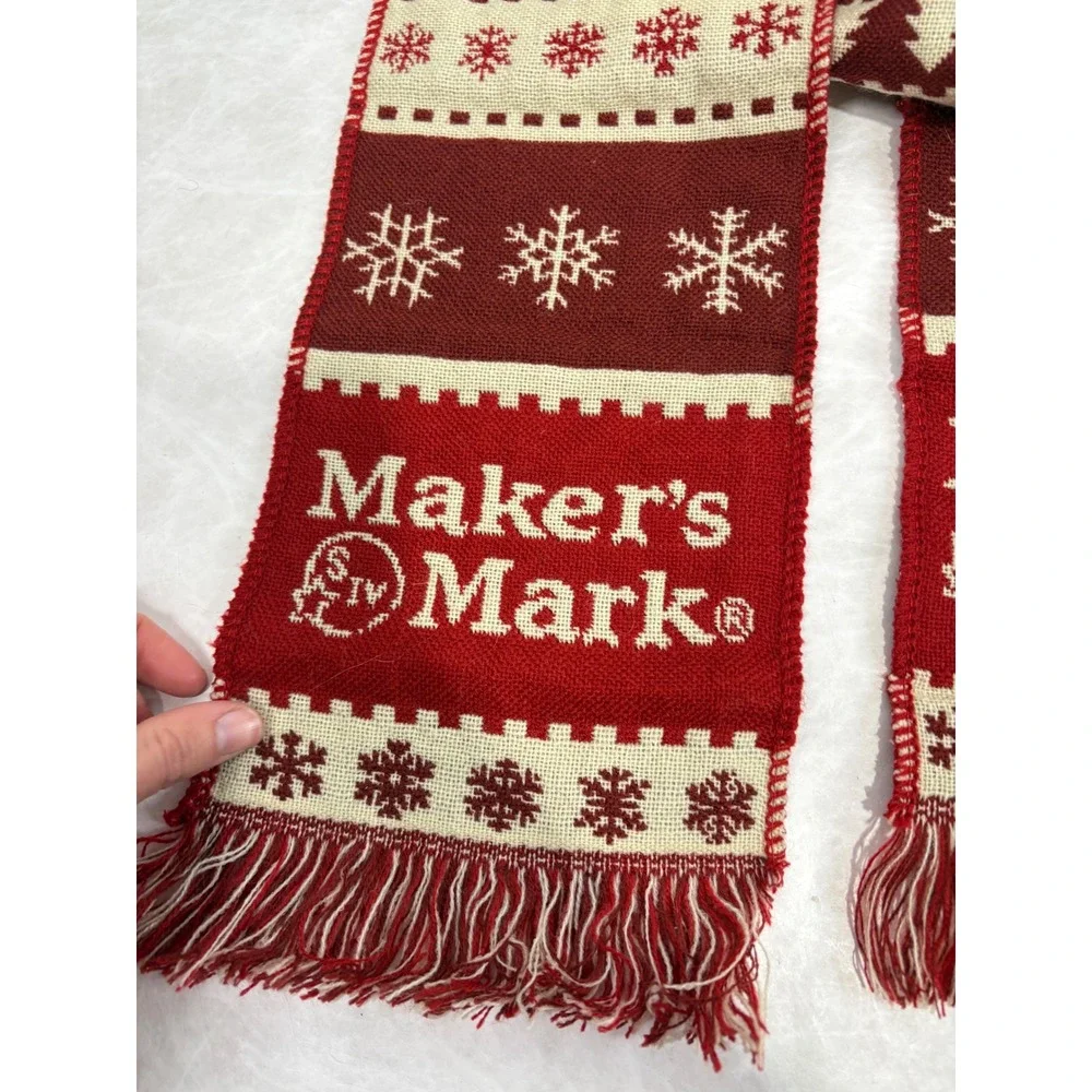 Makers Mark Bourbon Red Cream‎ Snowflake Knit Holiday Scarf Fringe Trim Mens